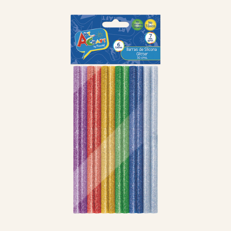 SILICONA EN BARRA GLITTER 6 COLORES 12 UNIDADES 7MM 30 CMSART AND CRAFT