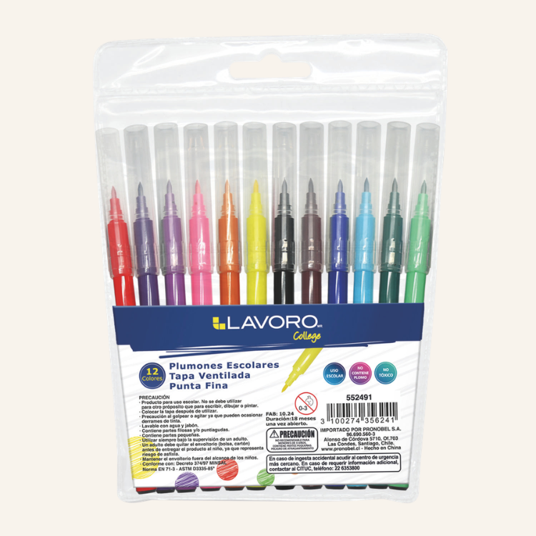 PLUMON ESCOLAR 12 COLORES DELGADO LAVORO