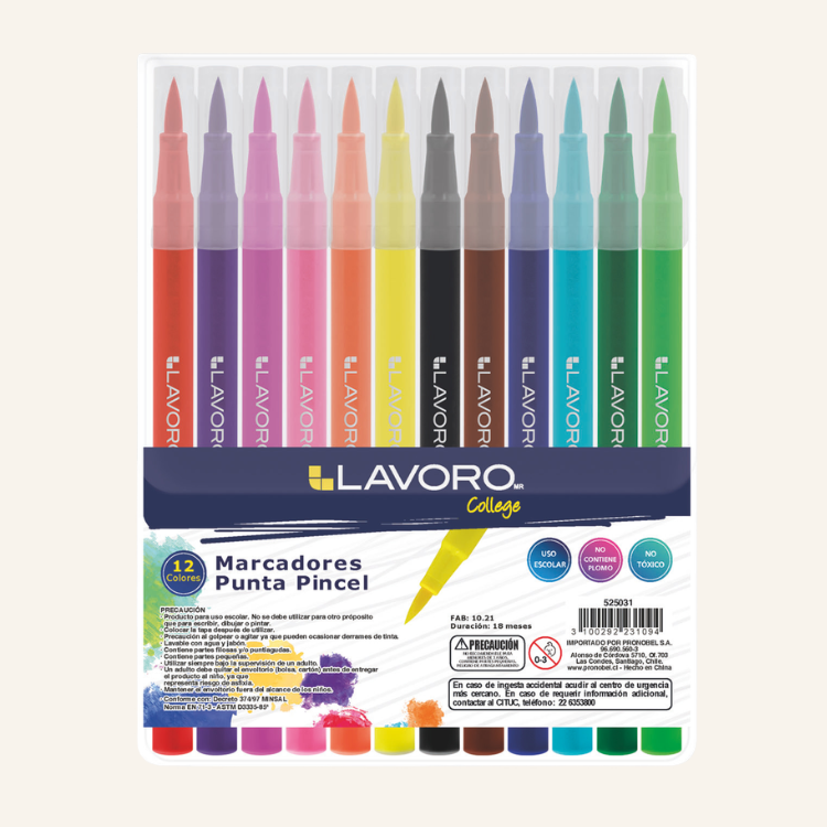 MARCADOR ESCOLAR PUNTA PINCEL 12 COLORES LAVORO